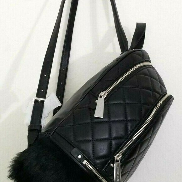 MICHAEL KORS RHEA ZIP MEDIUM BACKPACK BLACK QUILT LEATHER RABBIT FUR BAG NWT! - Picture 9 of 12